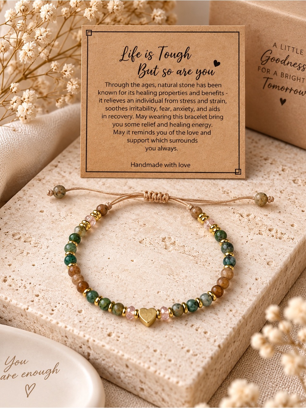 Handmade Green & Brown Beaded Heart Bracelet